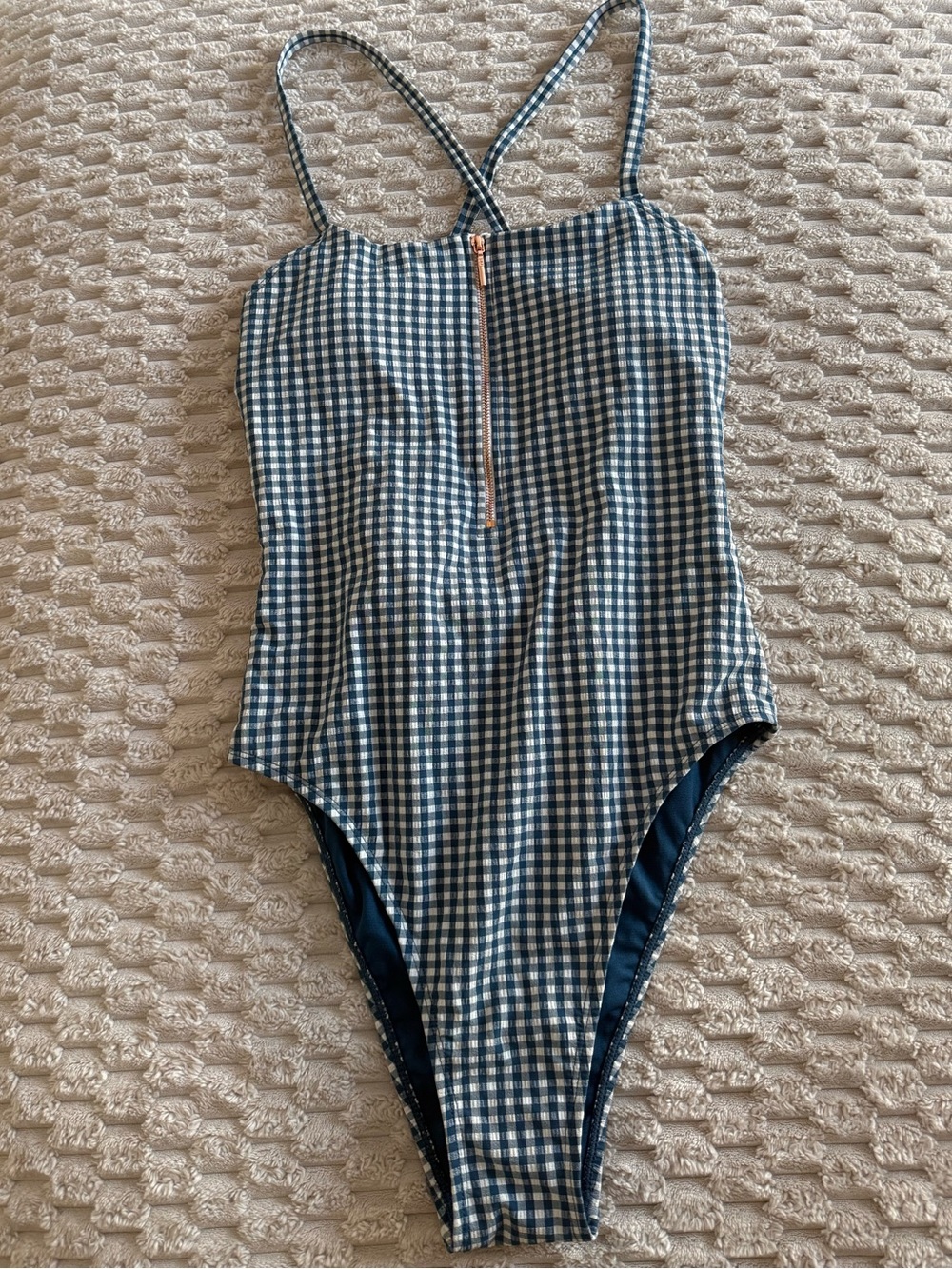 Juicy Couture Navy Gingham One-Piece Swimsuit with Front Zip